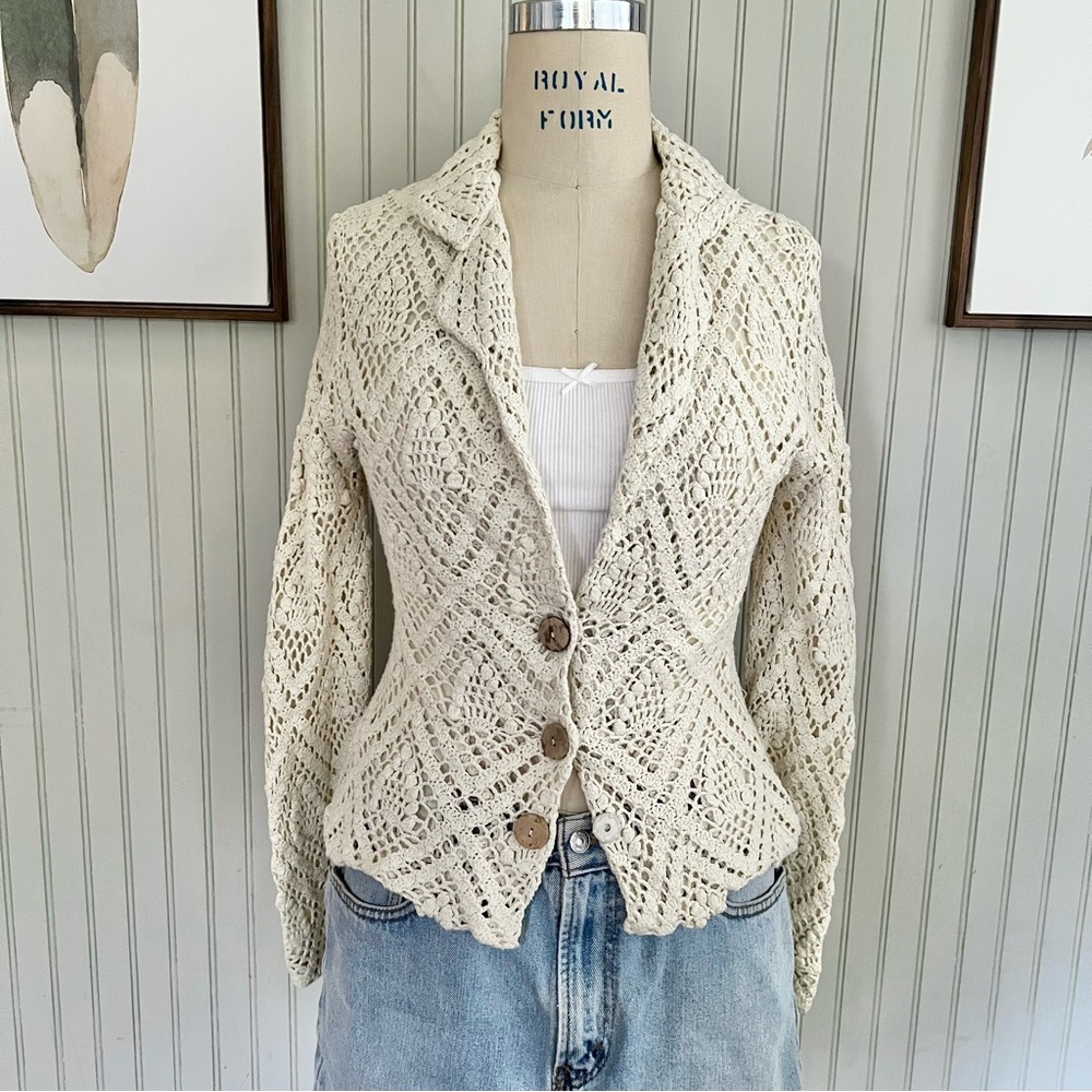 525 America Crochet Lace Linen Blend Blazer Jacket cream Medium